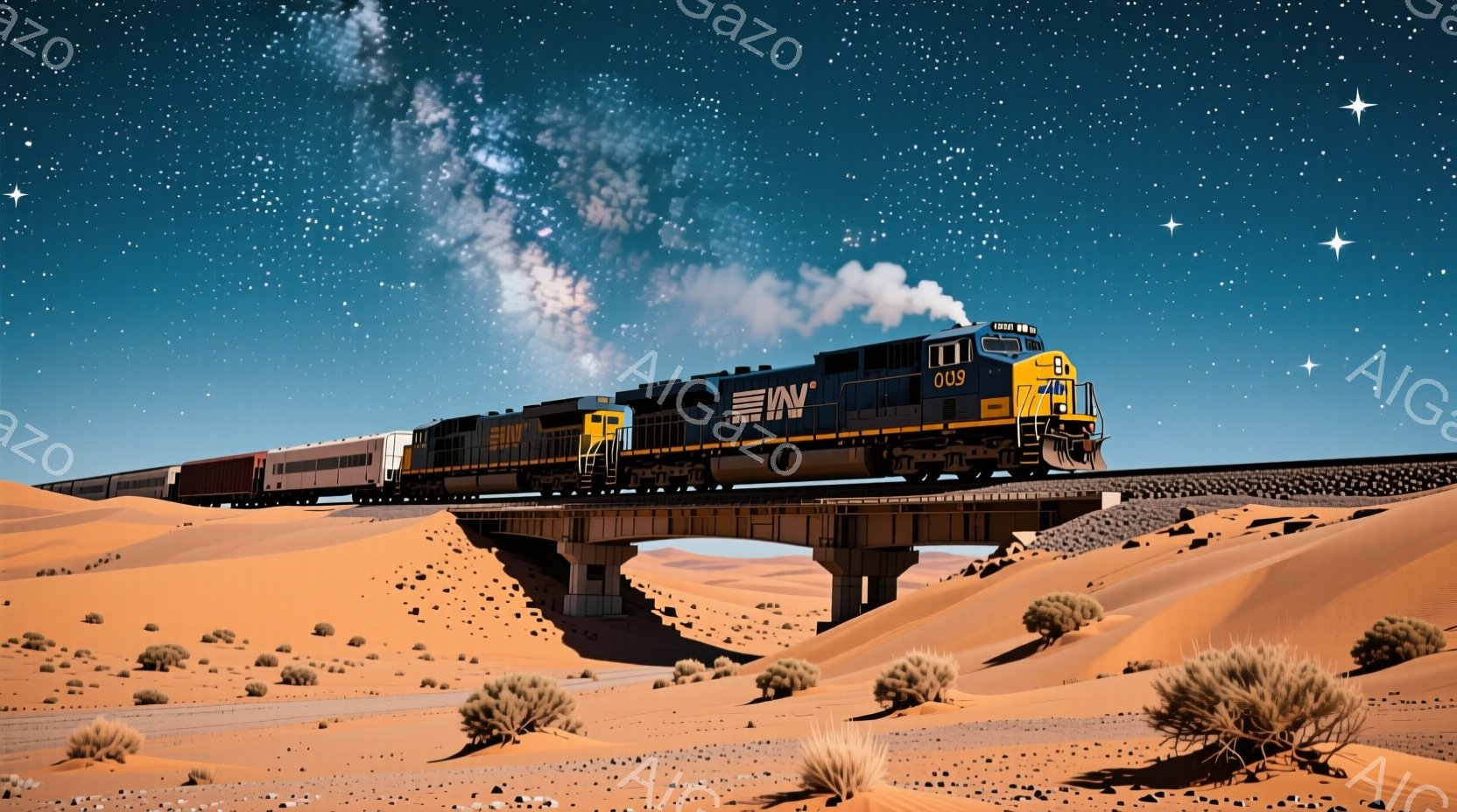 広大な砂漠地帯を、紺色の貨物列車がレンガ色の高架橋の上を走っている。機関車の先頭には「IN」というロゴと数字の「009」が描かれ、煙を上げながら力強く進んでいる。背景は青空と星空で、乾燥した砂漠の植物が点在し、列車は夕暮れ時のような暖色系の空の下、力強く走っている様子が印象的だ。