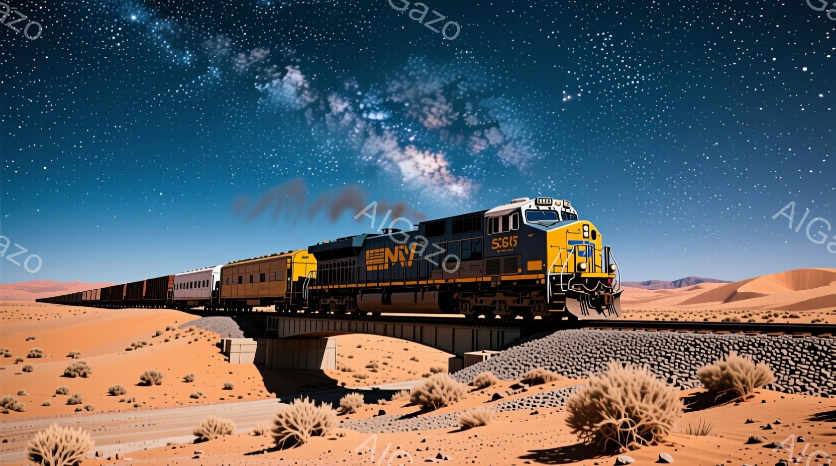 広大な砂漠地帯を、黄色と黒の力強いディーゼル機関車が牽引する列車が走っている。夜空には天の川が広がり、星々が輝いている。列車は、砂漠の茶色い地面とまばらに生えた草木の上を、小さな橋を渡るように進んでいる。