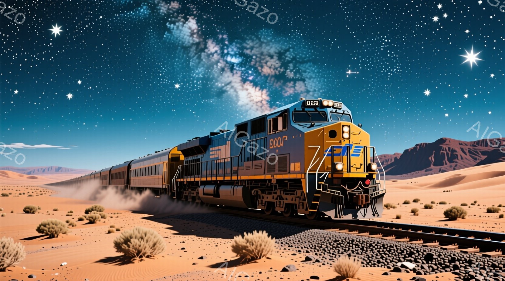 広大な砂漠地帯を黄色と赤色のディーゼル機関車が走っている。夜空には星が輝き、機関車の排気ガスが雲のように広がっている。背景には荒涼とした山々が霞んでおり、全体的に幻想的でダイナミックな雰囲気を醸し出している。