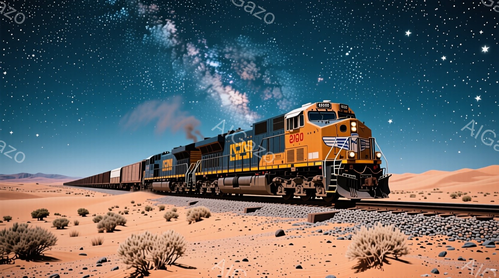 広大な砂漠の風景の中に、CSXの貨物列車が力強く走っている様子が描かれています。夜空には天の川が広がり、オレンジ色の機関車と砂漠の茶色が対照的な印象を与えます。荒涼とした自然と夜空の壮大さが、列車を一層引き立てています。