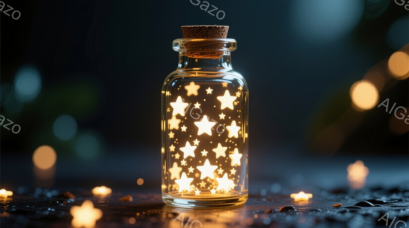 ガラス瓶の中に、輝く星が満ちています。瓶はコルク栓で密閉され、暗い背景に置かれ、ぼやけた光の点が周囲を照らしています。全体的に、幻想的で穏やかな雰囲気であり、希望や夢を象徴しているかのように見えます。