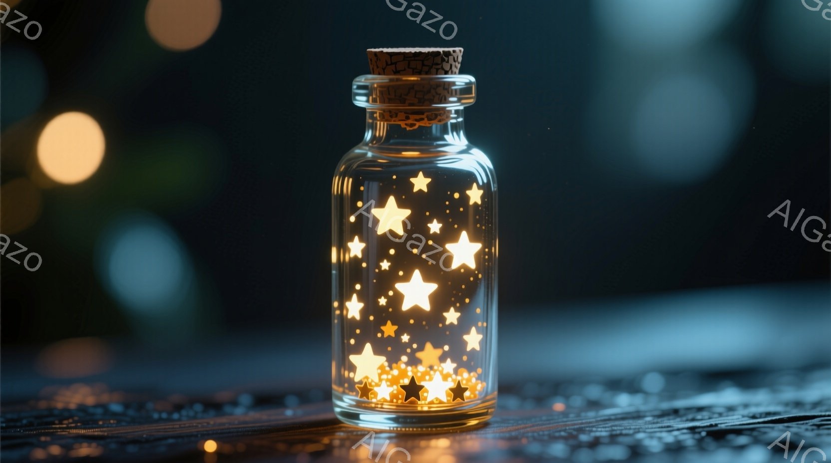 ガラス瓶の中に、光り輝く星たちが閉じ込められています。瓶はコルク栓で密閉され、暗い背景にぼんやりとした光の玉が散りばめられています。瓶の底面はわずかに反射しており、全体的に幻想的で穏やかな雰囲気を醸し出しています。