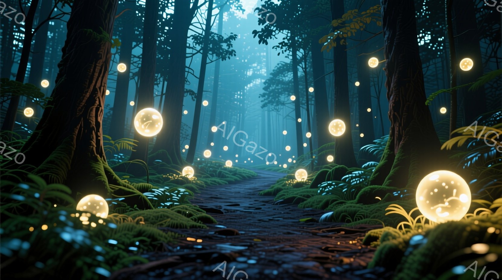 深い森の中を縫うように続く道が描かれている。道の両脇には緑色の苔や植物が生い茂り、幻想的な光を放つ光球が漂っている。全体的に暗く神秘的な雰囲気が漂い、まるで童話の世界のような光景である。