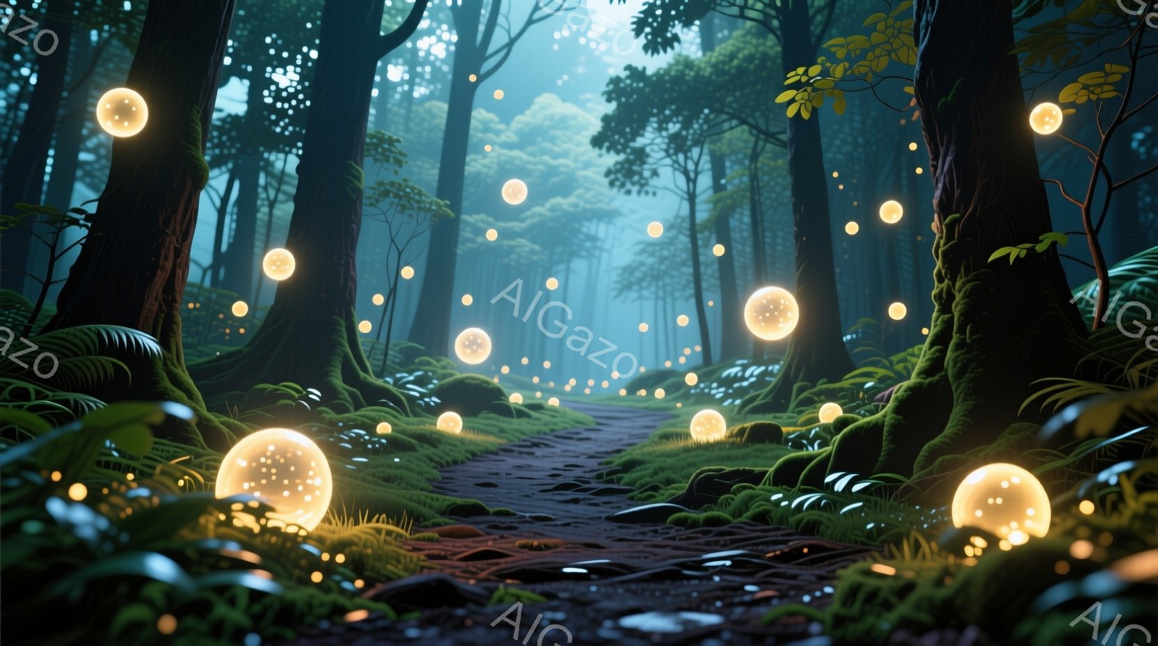 苔むした森の中を、石畳の道が奥へと続いています。道に沿って、ぼんやりと光る光の玉が点在し、幻想的な雰囲気を醸し出しています。背景には高い木々が立ち並び、緑豊かな自然の中で静寂と神秘が感じられます。 - AI生成フリー素材