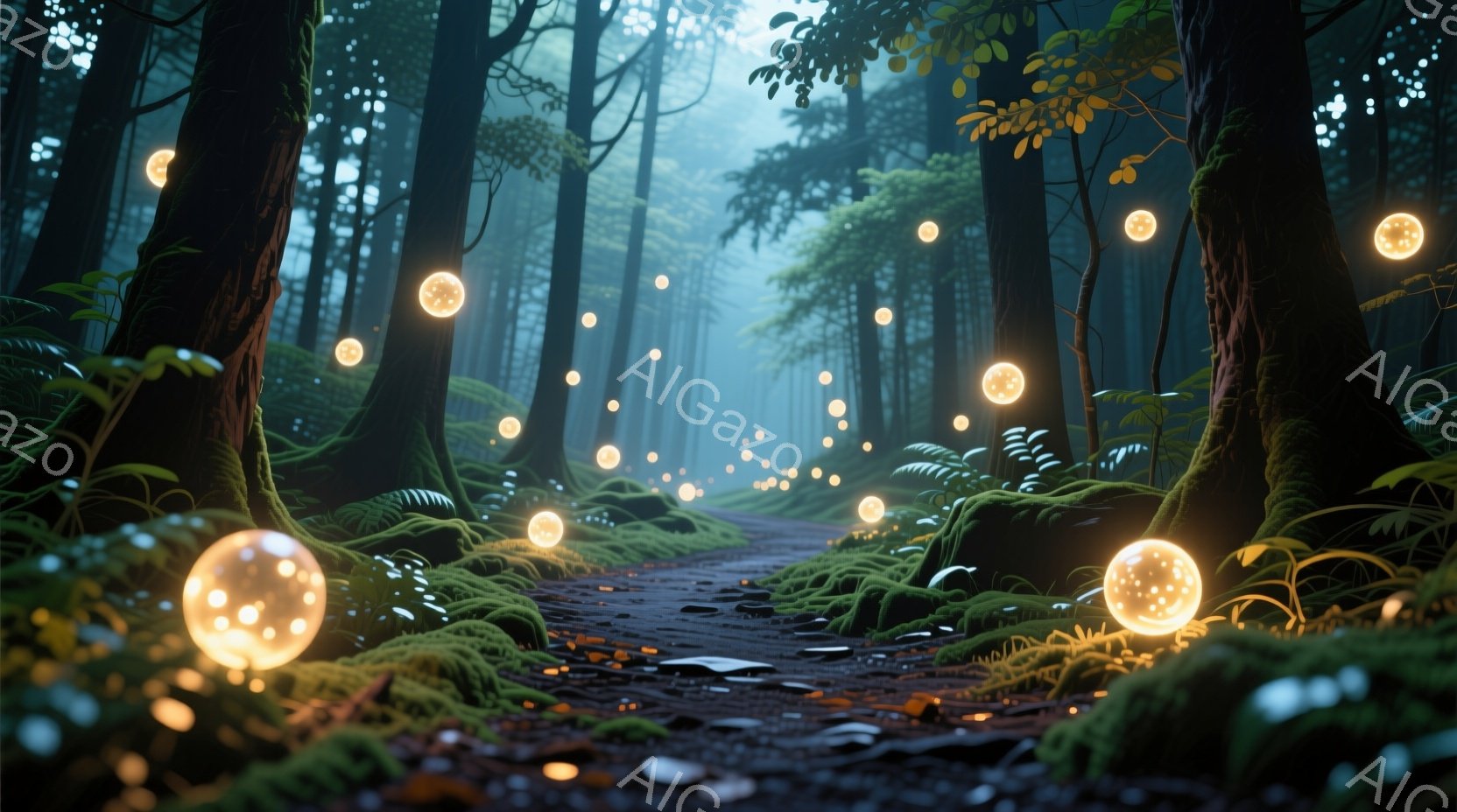 深い森の中を、苔むした道が奥へと続いている。道に沿って、ぼんやりと光る無数の光の玉が漂い、幻想的な雰囲気を醸し出している。周囲の木々は高くそびえ立ち、緑豊かな植物が茂り、霧が立ち込めることで神秘的な雰 - AI生成フリー素材