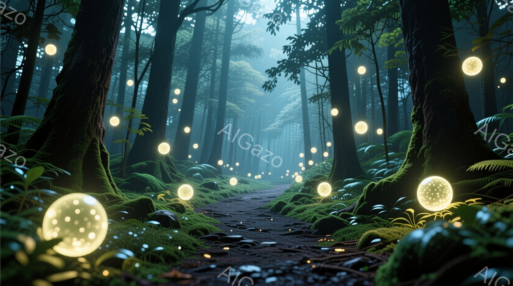 深い森の中を、苔むした小道が奥へと続いています。周囲の木々は高くそびえ立ち、道端には緑豊かなシダ植物が茂り、空気は静寂に包まれています。漂う光る球体（ホタルや妖精のよう）が幻想的な雰囲気を演出し、神秘的な世界へと誘います。
