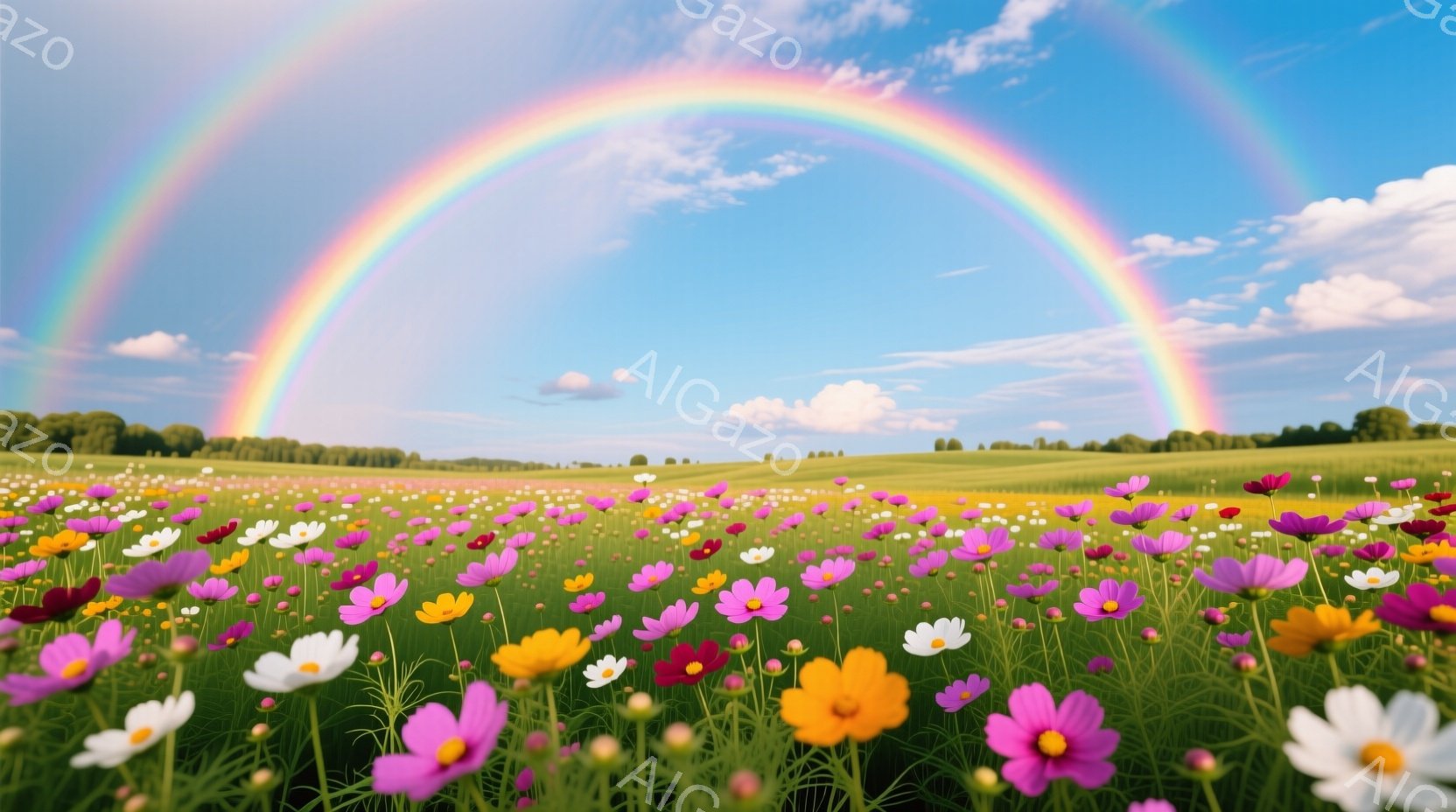 広大な草原には、ピンク、白、オレンジ、紫など、色とりどりの花々が咲き乱れ、まるで絵画のような美しさだ。空には鮮やかな虹がかかり、緑豊かな丘と青い空とのコントラストが印象的である。全体的に明るく、希望に満ちた、穏やかな雰囲気を感じさせる。