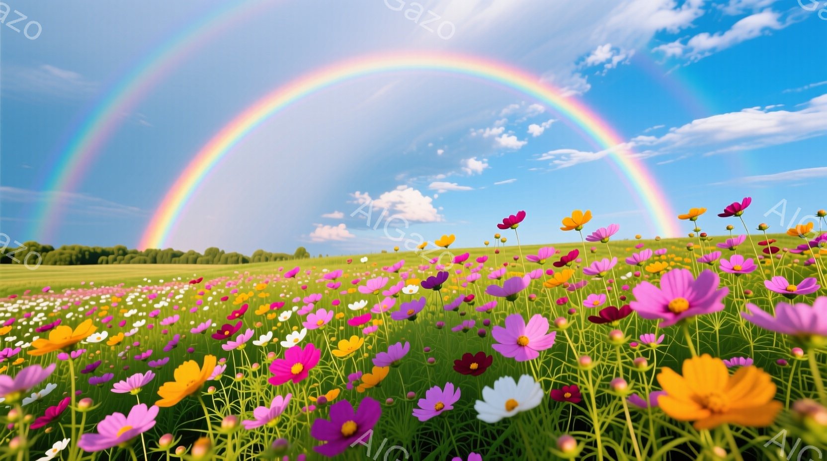広大な緑の草原に、ピンク、紫、オレンジ、白などの色とりどりの花が咲き乱れている。空には鮮やかな虹がかかり、明るい青空と白い雲が広がっている。全体的に明るく、生命力にあふれた、平和で穏やかな雰囲気が漂っている。