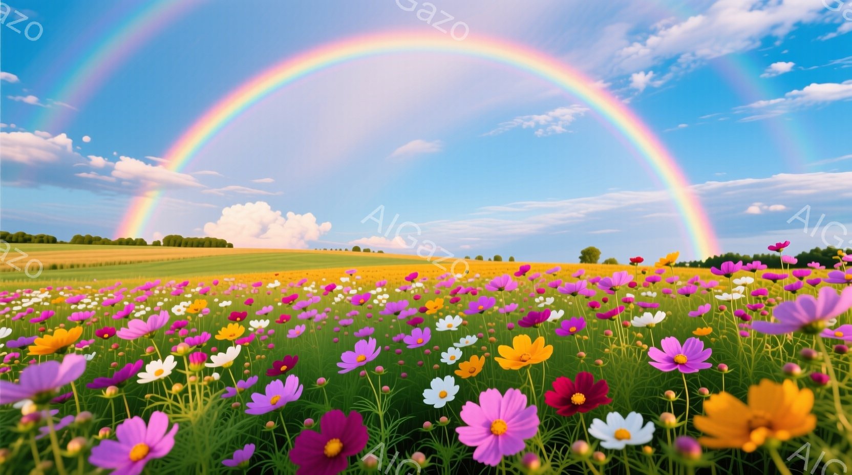 広大な草原に色とりどりのコスモスが咲き乱れ、その背景には鮮やかな虹が架かっています。白い雲が浮かぶ青空と緑豊かな草原が、平和で穏やかな雰囲気を醸し出しています。太陽の光が花々を照らし、自然の美しさが際立っています。