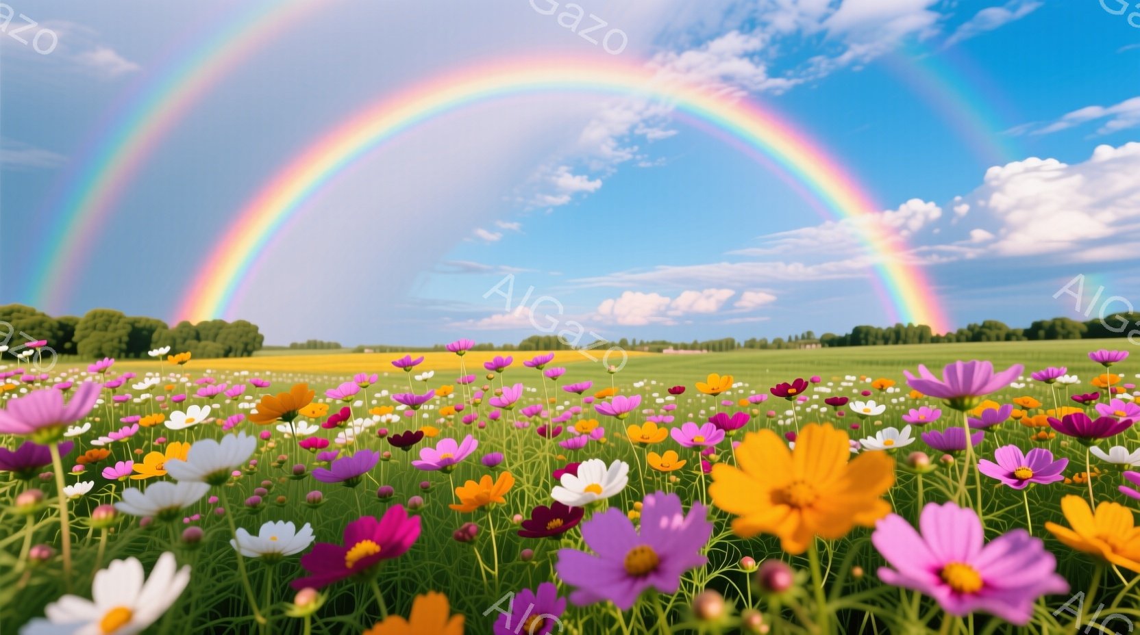 広大な草原に色とりどりの花々が咲き乱れ、空には鮮やかな虹が架かっています。背景には緑の木々と穏やかな丘が広がり、晴れやかな空と合わせて、自然の美しさが際立っています。全体的に明るく、平和で、希望に満ちた雰囲気が漂っています。