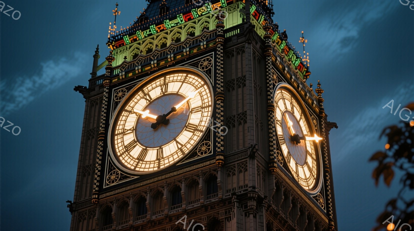 夜空を背景に、ウェストミンスター宮殿の時計台がそびえ立っている。時計の文字盤は黄金色に輝き、夜空とのコントラストが美しい。建物はゴシック様式で、細部にわたって精巧な装飾が施されており、荘厳な雰囲気を醸し出している。