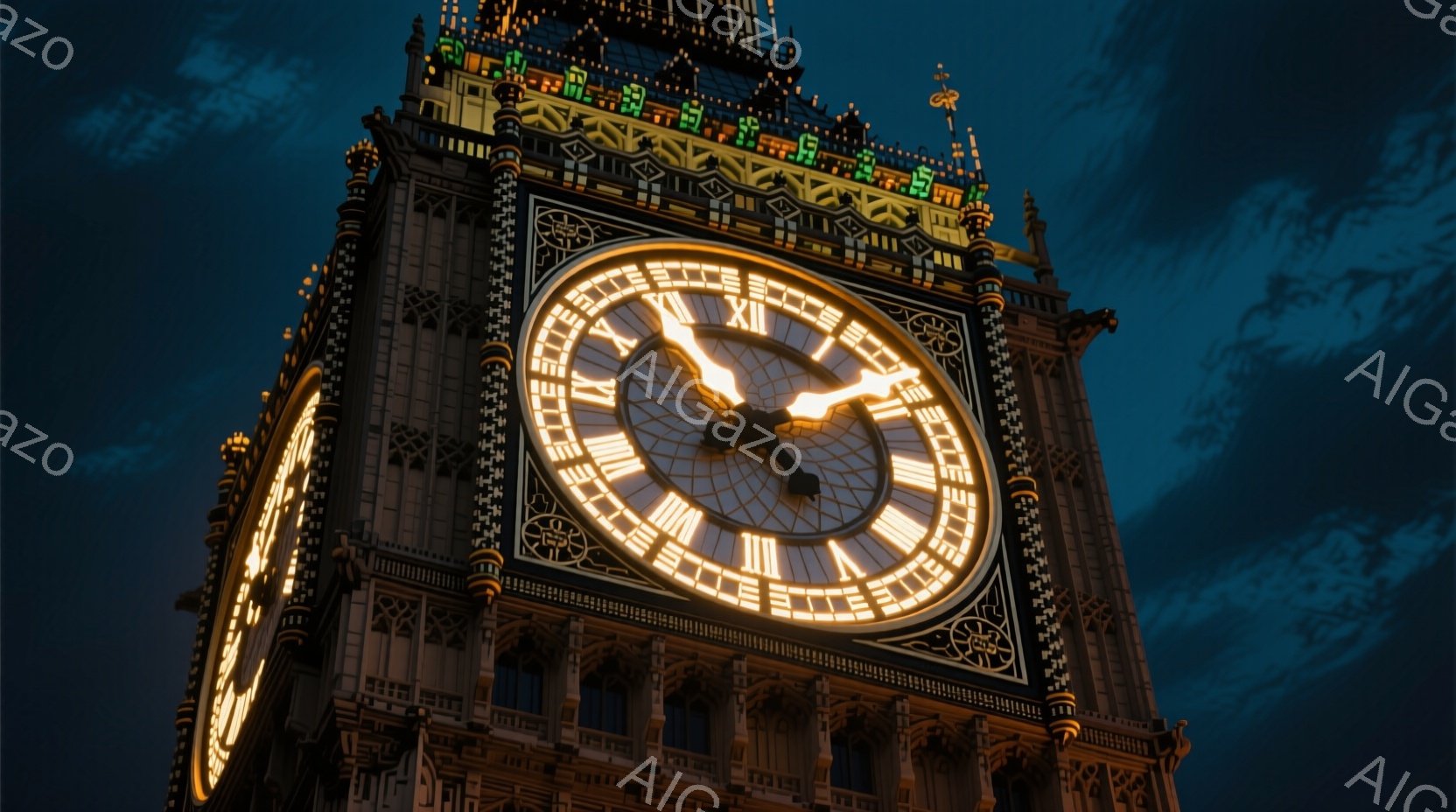 夜空を背景に、ウェストミンスター宮殿の時計台、通称ビッグ・ベンが黄金色に輝いている。詳細なゴシック様式の建築が際立ち、時計の文字盤は明るく照らされ、夜空に美しいコントラストを生み出している。深い青色の夜空とライトアップされた時計台が、荘厳で静謐な雰囲気を醸し出している。