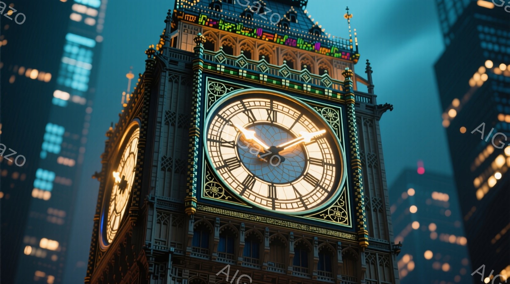 夜空を背景にウェストミンスター宮殿の時計台（ビッグ・ベン）が輝いている様子が捉えられています。時計の文字盤は明るく照らされ、細部まで鮮明に見え、周囲の建物はぼんやりと光を放ち、夜景を彩っています。荘厳な建築様式と夜の静寂が相まって、重厚で神秘的な雰囲気を醸し出しています。