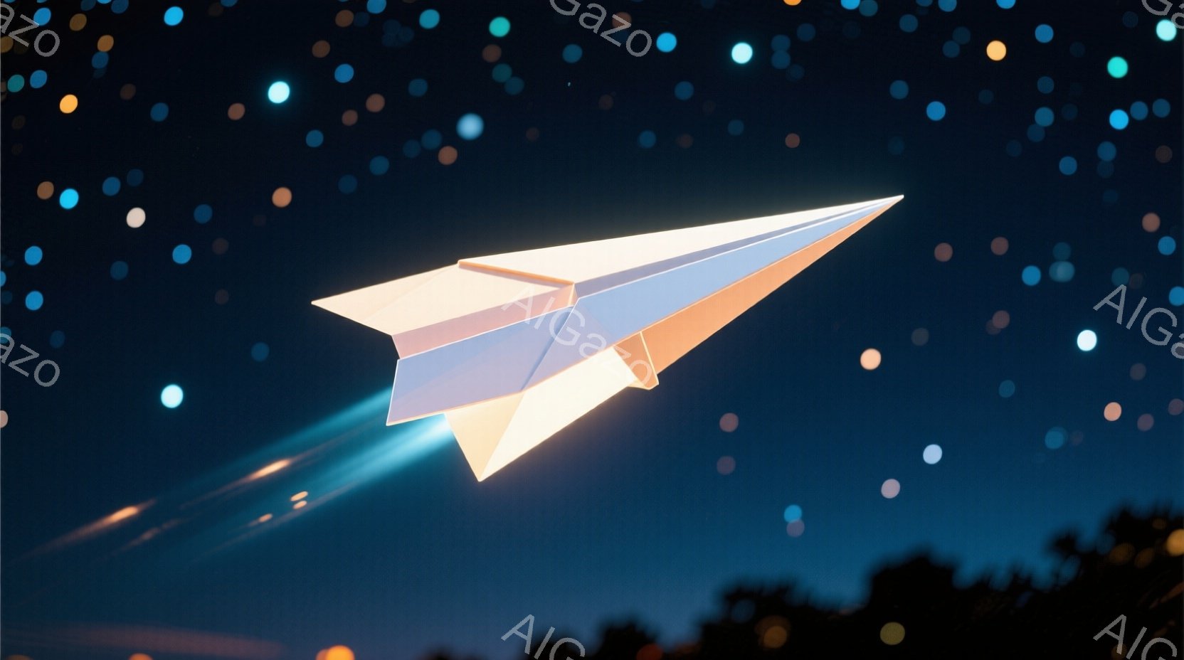 夜空を紙飛行機が勢いよく飛んでいる様子が捉えられています。紙飛行機はオレンジ色の光を放ち、まるで流れ星のように尾を引いています。背景にはぼやけた街並みと、星のような光の粒子が散りばめられ、幻想的な雰囲気を醸し出しています。