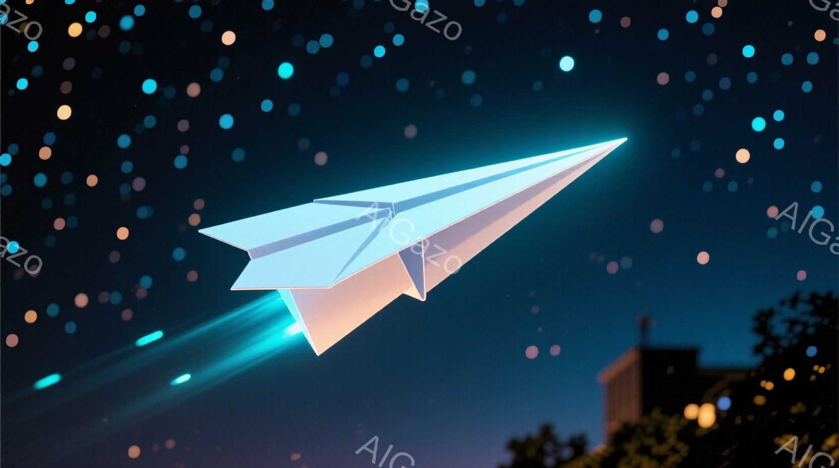 夜空を紙飛行機が飛んでいる様子が描かれています。背景には、ぼんやりと見える建物のシルエットと、無数の星が散りばめられています。紙飛行機は青い光の尾を引き、夜空に幻想的な軌跡を描き出しています。