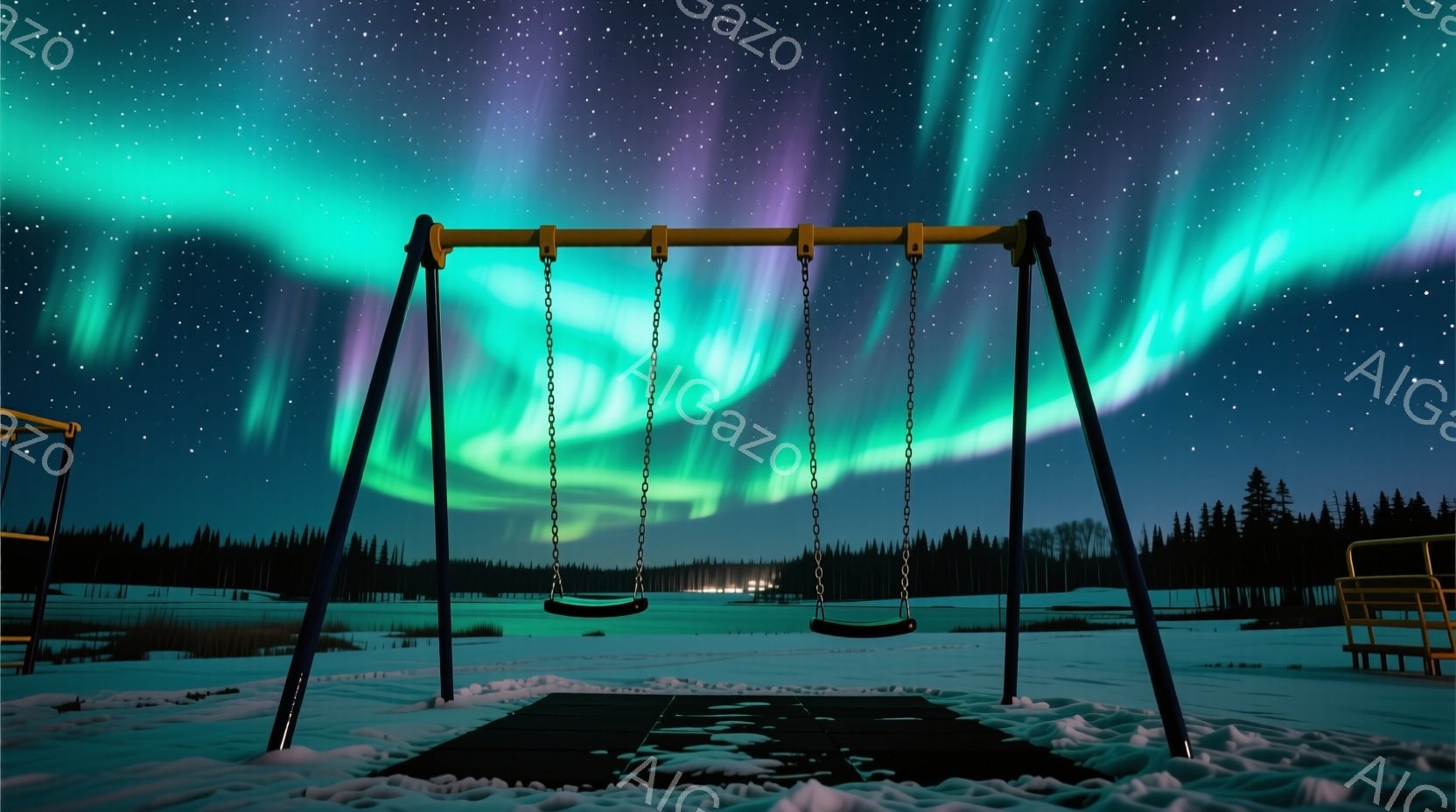 雪に覆われた公園の遊具が、幻想的なオーロラの下に佇んでいます。ブランコは静かに揺れ、その先には暗い木々のシルエットが広がっています。空には緑と紫が混ざり合ったオーロラが広がり、静寂と神秘的な雰囲気を醸し出しています。