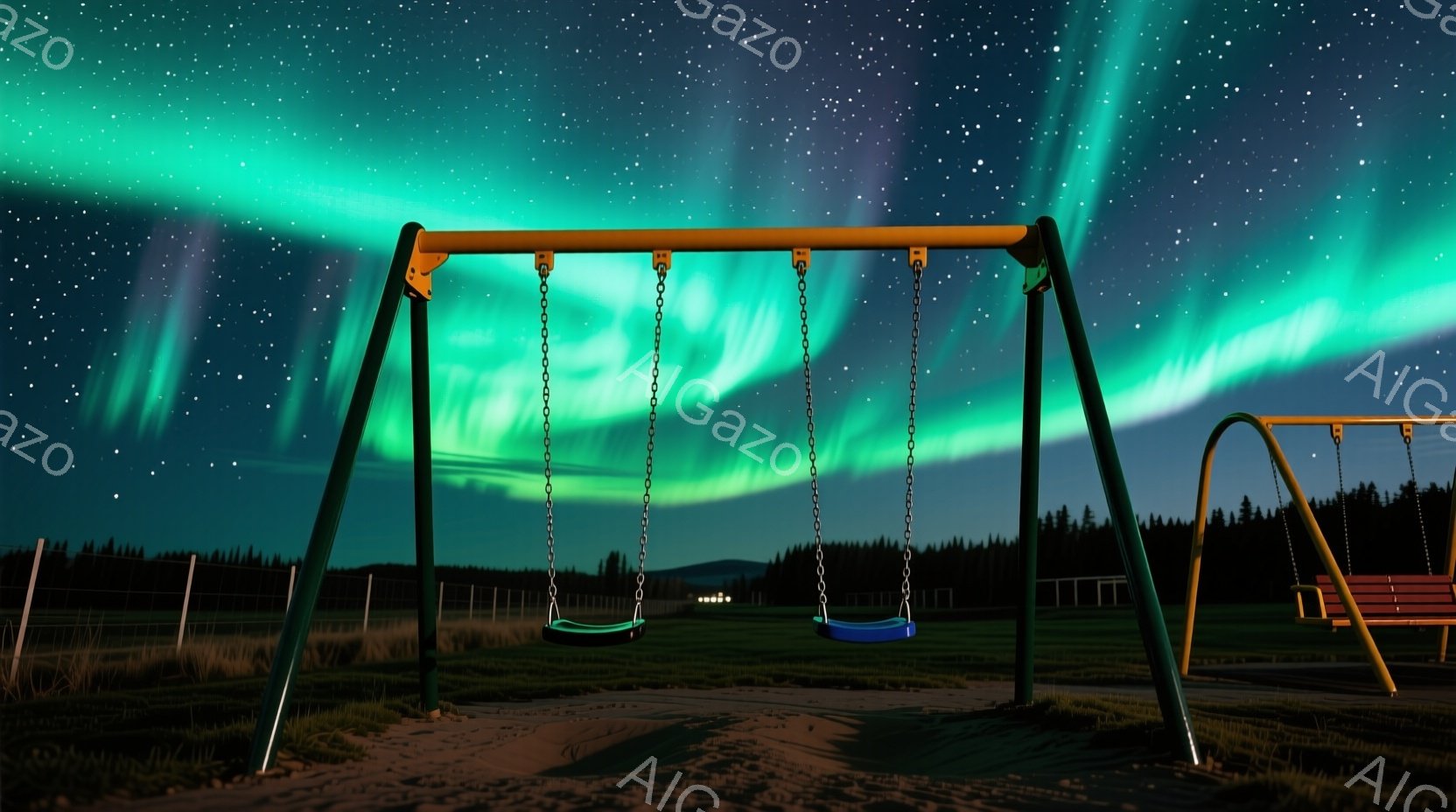 深夜の公園には、オーロラが輝く空の下、青いブランコが吊り下げられています。遠くには、暗いシルエットで家々が見え、木々の緑がわずかに残っています。全体的に静かで幻想的な雰囲気で、まるで夢の中にいるような感覚を呼び起こします。