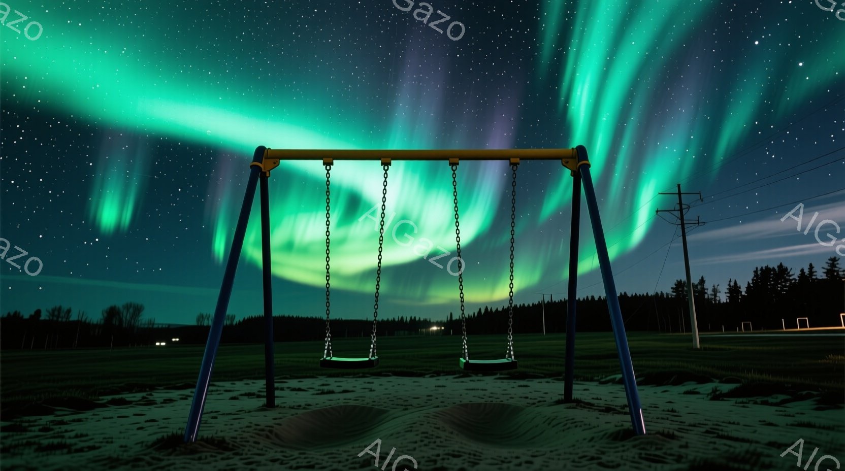 夜空にはオーロラが幻想的に輝き、地面には遊具のブランコがシルエットで映えています。ブランコは青色で、錆びた鎖で吊り下げられており、使用されていない遊具の寂しさを感じさせます。背景には暗い森と遠くに見える家々が点在し、静寂で少し物悲しい夜の風景が広がっています。