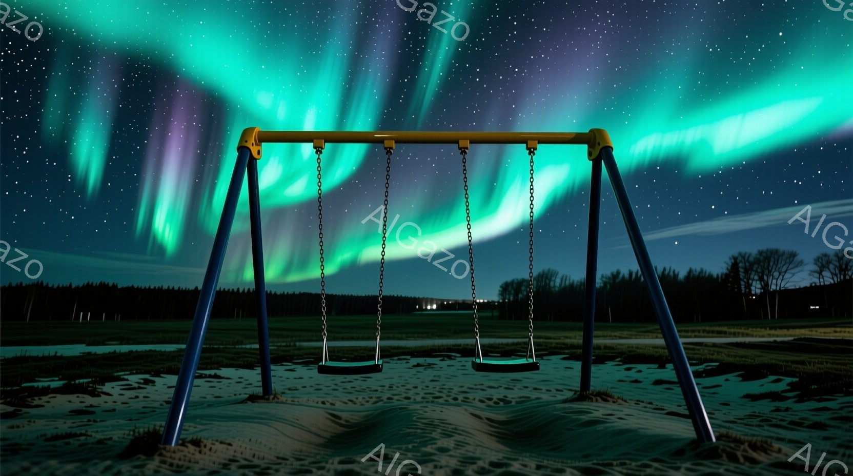 深い夜空にオーロラが輝き、青いブランコが砂地の公園に静かに佇んでいる。遠くには木々のシルエットが広がり、幻想的な雰囲気を醸し出している。ブランコの座面は暗く、誰も座っていないが、夜空と自然に溶け込む穏やかな光景が印象的だ。