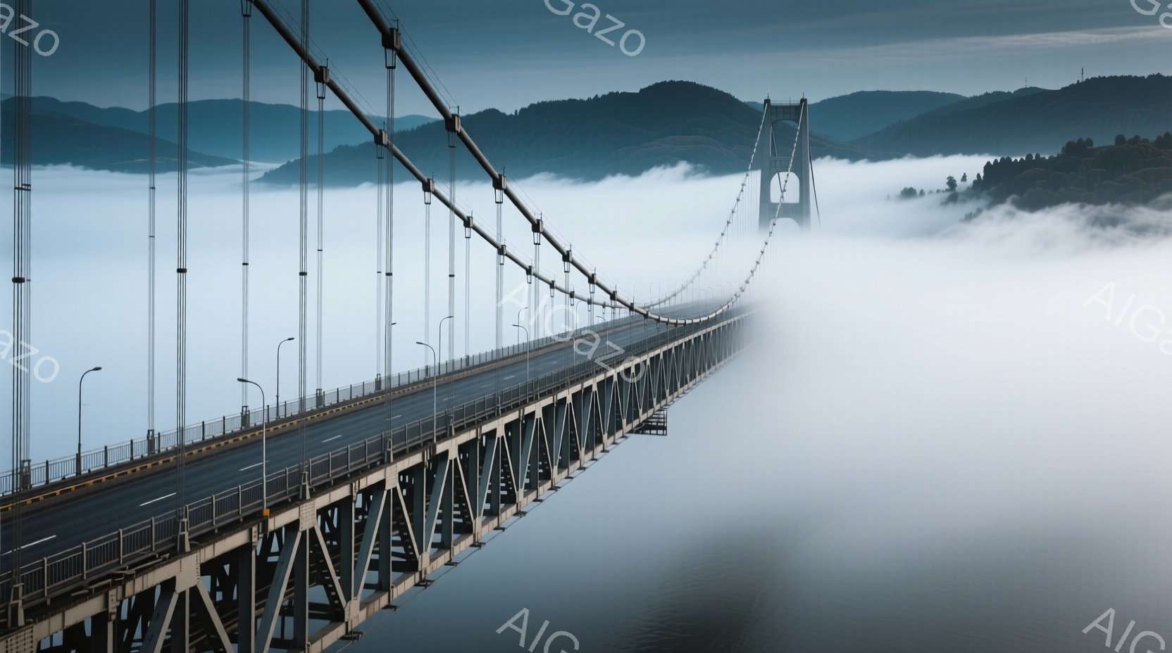巨大な吊り橋が、深い霧の中に姿を現している。橋脚とケーブルの構造がはっきりと見え、霧が立ち込める背景とのコントラストが印象的だ。全体的に静寂で神秘的な雰囲気が漂い、自然の力強さと人間の技術の融合を感じさせる。