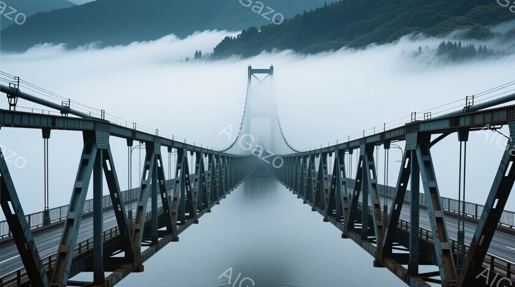 青灰色の巨大な吊り橋が、霧に包まれた穏やかな水面を挟んで左右に伸びている。橋の構造は複雑な鉄骨で構成され、遠くには霧に覆われた緑豊かな山々が連なっている。 全体として静寂で神秘的な雰囲気が漂い、自然と人間の造形物の調和が感じられる。