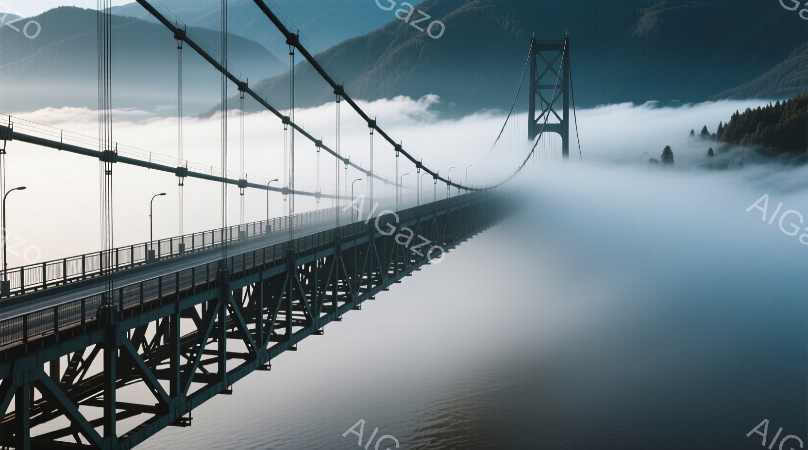 巨大な吊り橋が霧に包まれた水面の上を長く伸びています。橋の構造は青灰色で、頑丈な鉄骨が組み合わさり、霧の中に消えるように遠くへ続いています。背景には霧に覆われた山々がそびえ立ち、静かで神秘的な雰囲気を醸し出しています。