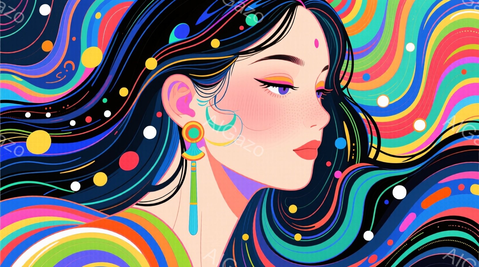 長い黒髪が波のように広がり、鮮やかな色の渦巻く背景の中に女性が描かれています。彼女は大きな青いイヤリングを身につけ、ピンク色の頬と鮮やかな紫色の目を持っています。全体的に、夢のような、鮮やかで、サイケデリックな雰囲気です。