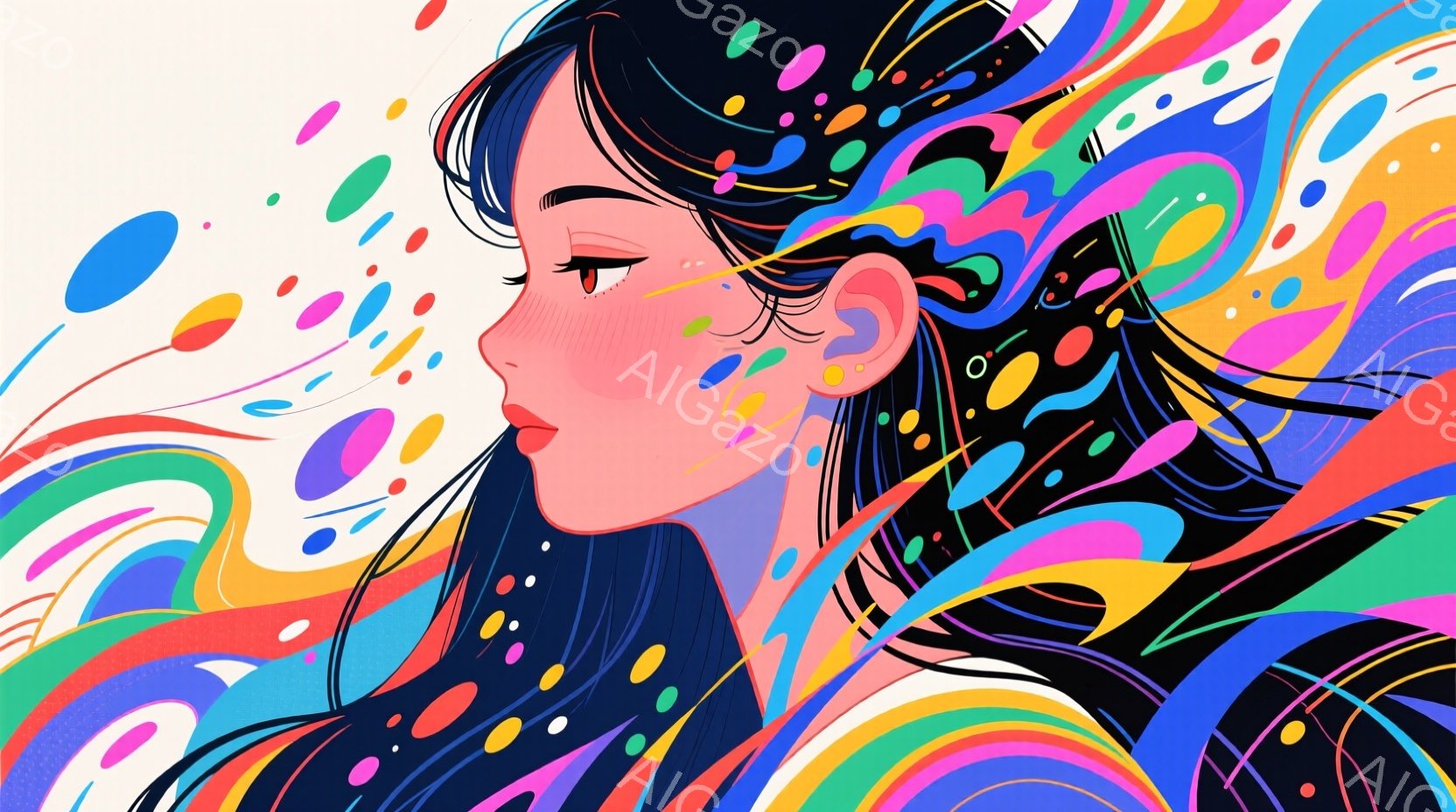 深い黒髪が渦巻く色彩豊かな背景に溶け込む女性が描かれています。彼女は横顔で、頬にはほんのりとした赤みが差し、どこか憂いを帯びた表情をしています。背景は鮮やかな曲線と円が織りなす抽象的な模様で、まるで彼 - AI生成フリー素材