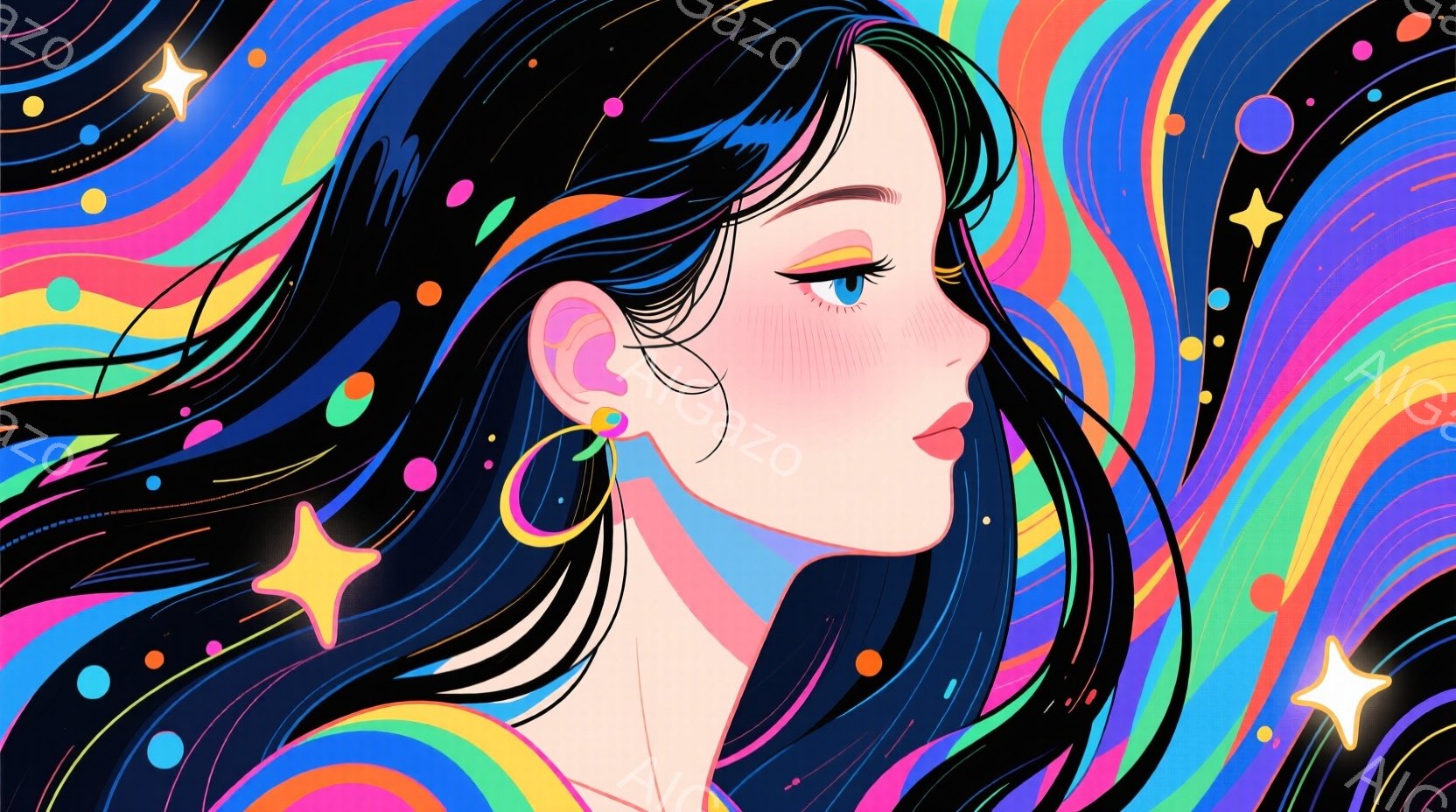 黒髪で長い髪を持つ若い女性の横顔を描いています。彼女は青い目をしており、頬には淡いピンク色のチークが入っています。背景は虹色のストライプと星で覆われ、幻想的でポップな雰囲気を作り出しています。