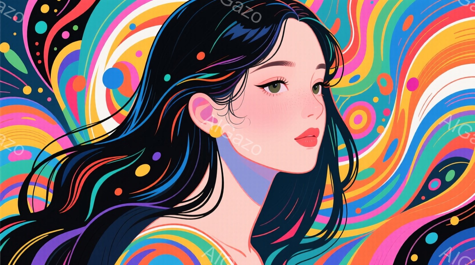 長い黒髪の女性が描かれており、髪は風になびいているように表現されている。彼女は淡いピンク色の肌を持ち、少し開いた唇と、穏やかで少し憂いを帯びた表情をしている。背景は渦巻くような鮮やかな色彩のグラデーションで、まるで万華鏡のような抽象的なパターンが広がっている。