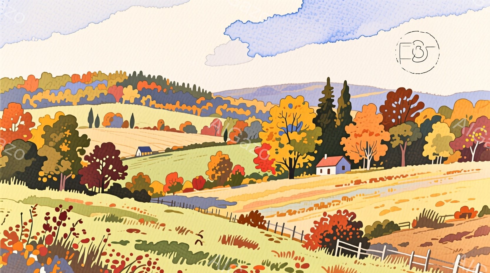 広大な丘陵地帯が広がり、鮮やかな赤、オレンジ、緑の木々が秋の風景を描き出している。遠景には小さな家が点在し、穏やかな陽光が降り注ぐ平和な田園風景が広がっている。全体的に温かみのある色彩と滑らかな線で、 - AI生成フリー素材