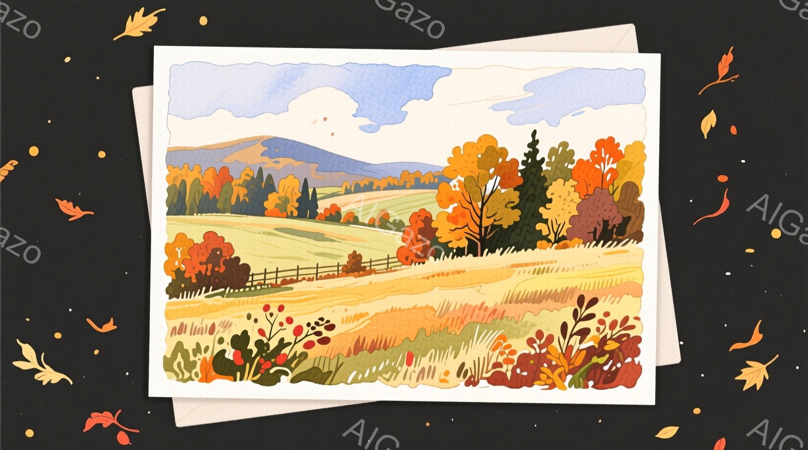 鮮やかな秋の風景が描かれた水彩画風のイラストです。黄金色の草原と、赤やオレンジ色に染まった木々が印象的で、遠くには緑色の山々が見えます。手前に咲く赤い花々がアクセントとなり、全体的に暖かく穏やかな雰囲気を醸し出しています。