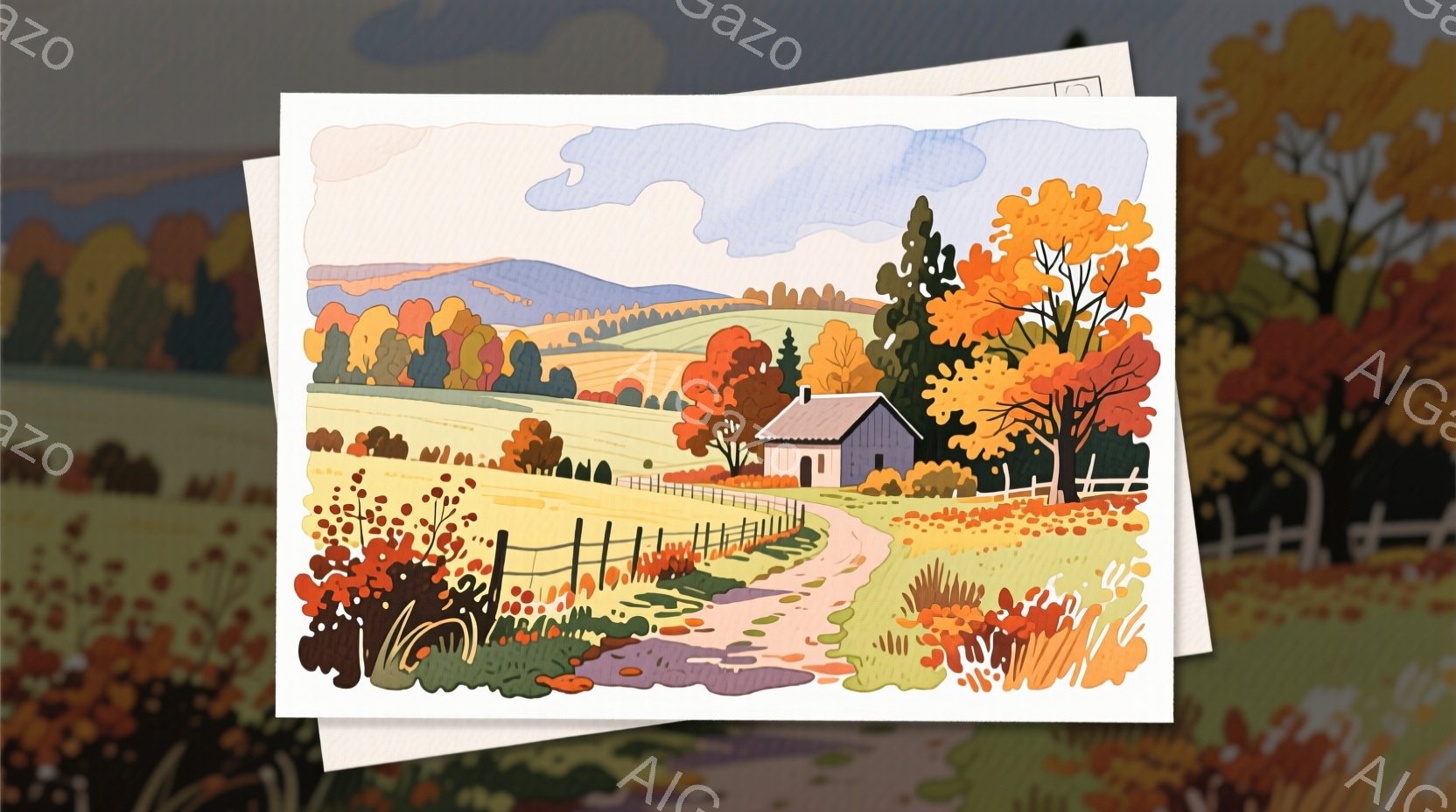 緩やかな丘陵地帯に佇む小さな家が描かれています。秋らしい紅葉に染まった木々や、黄色の草が広がり、牧歌的な風景を作り出しています。曲がりくねった道は家へと繋がり、穏やかで温かい雰囲気が漂います。 - AI生成フリー素材