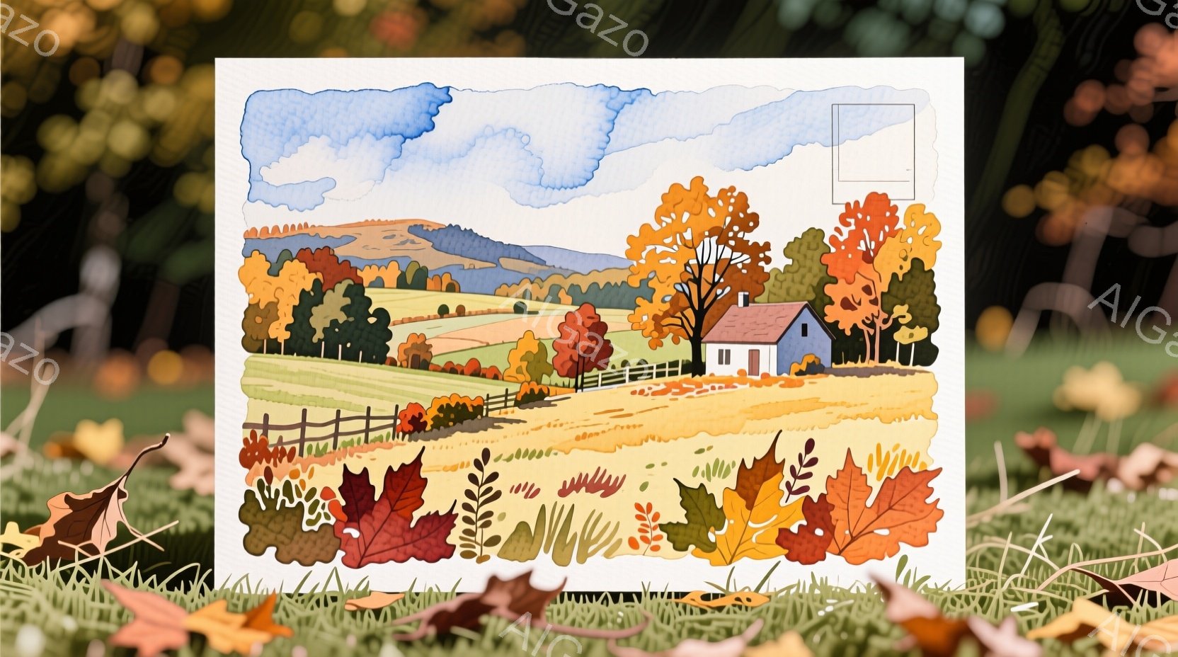 秋の風景が描かれた水彩画で、緑豊かな丘陵地帯に小さな家が佇んでいます。鮮やかな赤や黄色の落ち葉が前景を彩り、背景には穏やかな天候のもと、遠くの山々が連なっています。全体的に暖かく、穏やかな秋の雰囲気が漂っています。