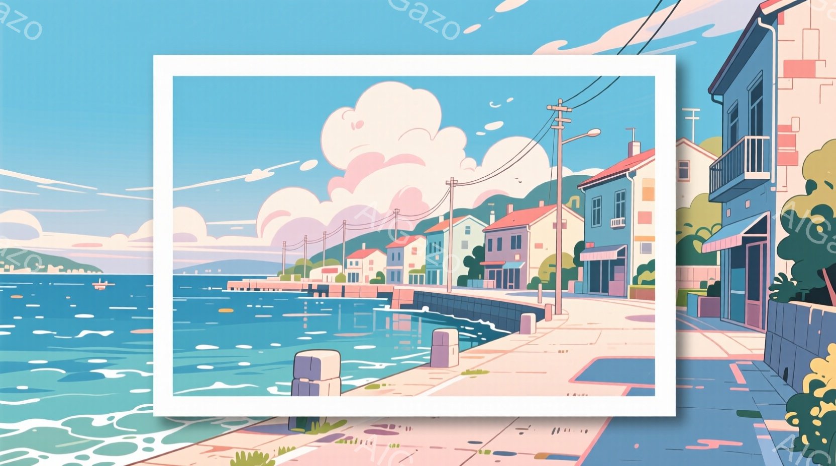 青い海と白い雲が印象的な、穏やかな港町の風景です。パステルカラーの建物が連なり、海沿いの遊歩道には簡素な柵が並んでいます。全体的に明るく、平和でノスタルジックな雰囲気が漂っています。 - AI生成フリー素材