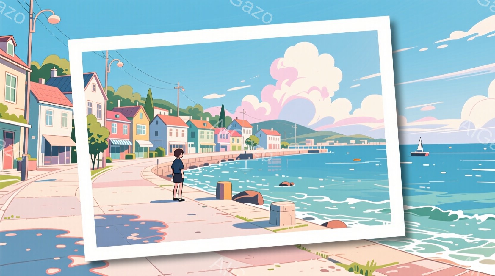 海岸沿いの遊歩道に立つ少女が描かれています。彼女は黒髪で、紺色のワンピースを着ています。背景には、カラフルな家々が並び、青い海と白い波が広がり、晴れた空にはもくもくとした雲が浮かんでいます。 - AI生成フリー素材