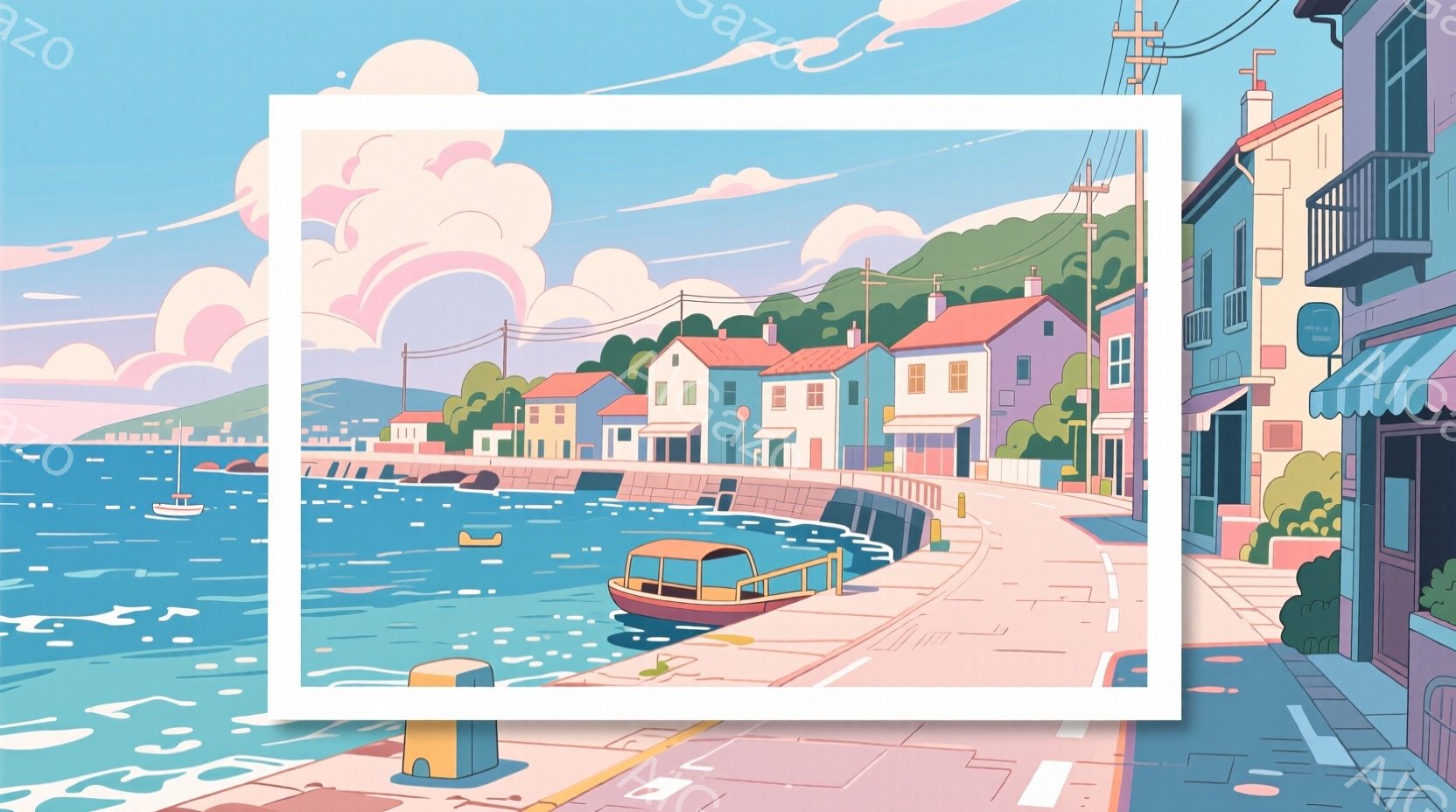 カラフルな家々が並ぶ、穏やかな港町の風景です。ターコイズブルーの海と空、そしてピンクがかった雲が、のどかで優しい雰囲気を醸し出しています。建物は白を基調とし、オレンジや青などの明るい色でアクセントが加えられ、可愛らしい印象を与えます。