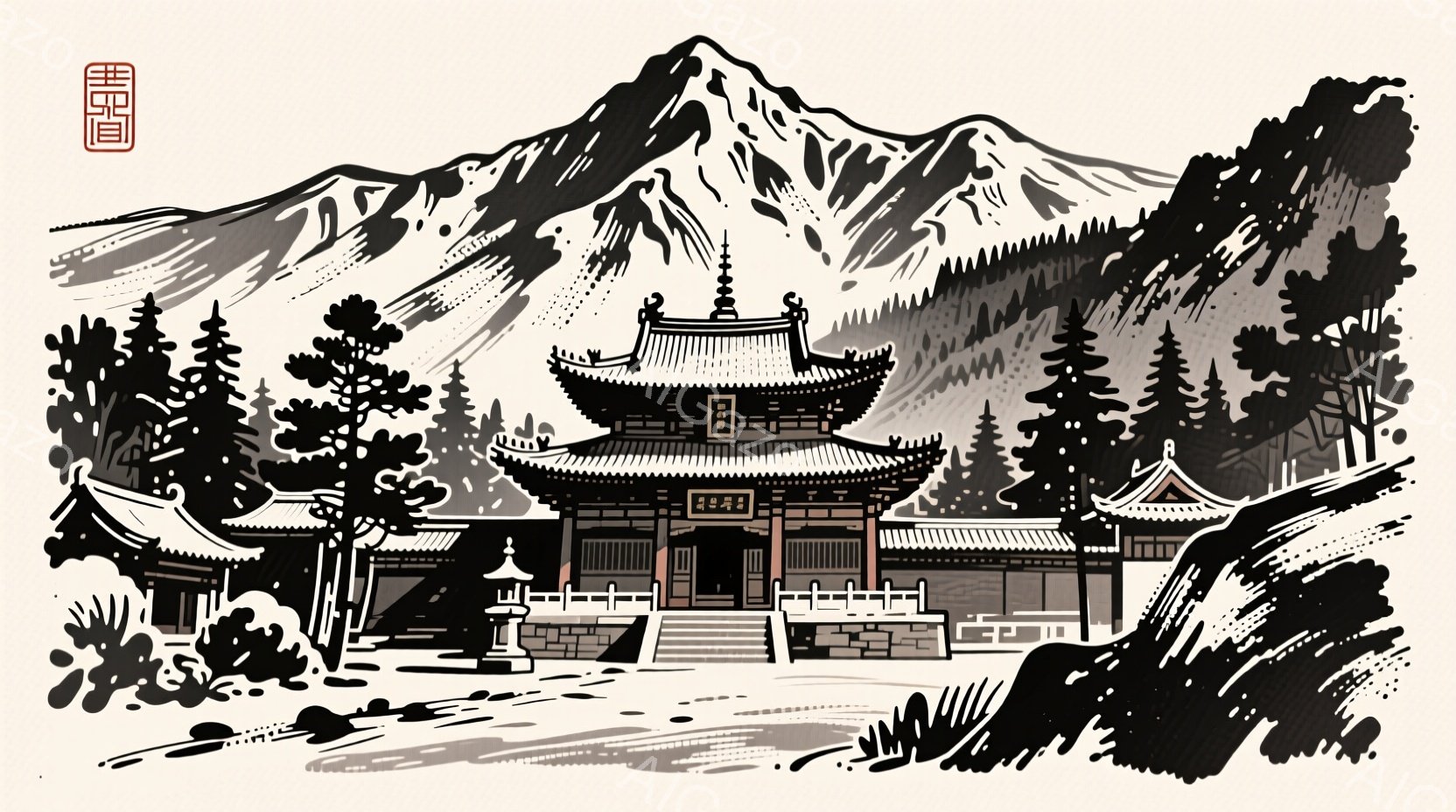山々に囲まれた寺院が描かれており、重層構造の屋根を持つ壮大な建物が中央に位置しています。寺院の周囲には緑豊かな木々が生い茂り、石段と柵が配置され、静寂で厳かな雰囲気を醸し出しています。全体的に墨絵調で、日本の伝統的な風景画を彷彿とさせる、洗練された印象を与えます。