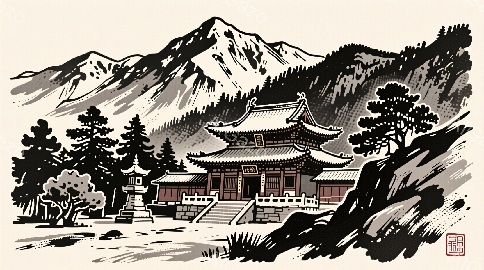 画面には、山々と緑豊かな自然に囲まれた、伝統的な様式の寺院が描かれています。寺院は高くそびえ立ち、複雑な屋根と精巧な装飾が施されており、石段と石垣によってアクセスできるようになっています。全体的に静寂で荘厳な雰囲気が漂い、日本の伝統的な風景画を彷彿とさせます。