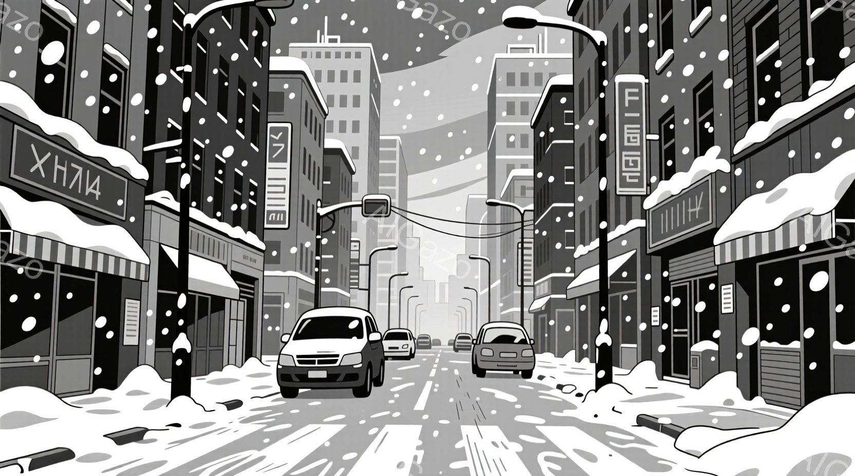 雪が降る都市の通りが描かれており、両側に高い建物が並んでいます。道路には数台の車が走っており、雪が積もって道路が白く覆われています。全体的に冬の寒く静かな雰囲気が漂っています。