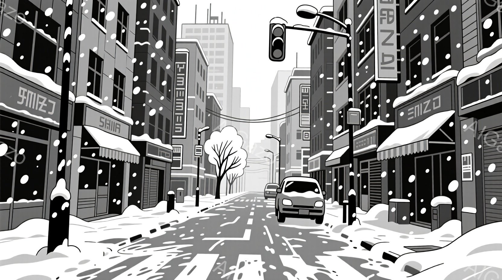 雪が降り積もる街並みが描かれており、建物が両側に立ち並び、道路は雪で覆われている。道路の中央には一台の車が走行しており、電柱と信号機が道路の上空に設置されている。全体的に白黒で表現されており、冬の静かで冷たい雰囲気が漂っている。