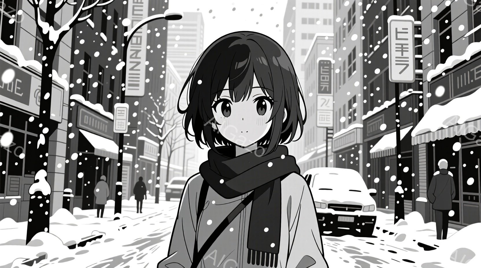 雪が降る街並みの中に立つ若い女性を描いています。彼女は黒髪のショートボブで、白いコートと黒いマフラーを着用し、少し物憂げな表情を浮かべています。背景には、雪に覆われた建物や道路、そして数人の歩行者がぼんやりと描かれており、冬の寂しげな雰囲気が漂っています。