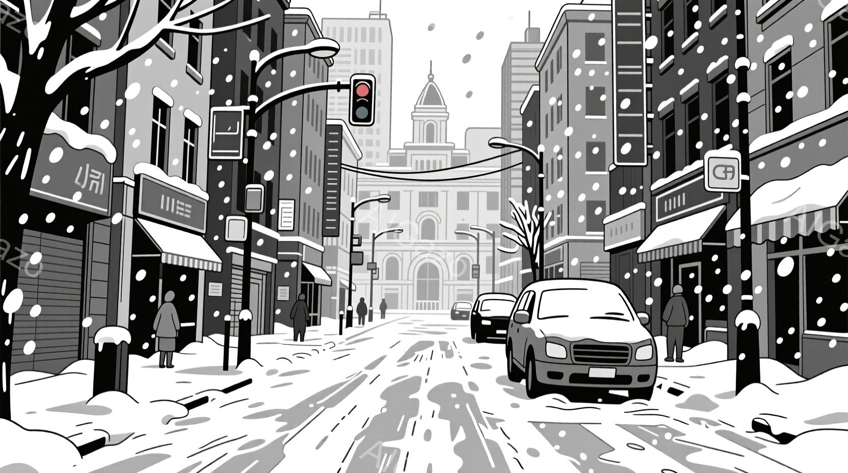 雪が降り積もる街並みが描かれており、道路には雪が積もり、車両が走行している。建物は西洋風で、商店街のような賑わいを見せ、人々は厚着をして歩いているが、表情ははっきりと読み取れない。全体的に冬の寒さの中、静かで落ち着いた雰囲気が漂っている。