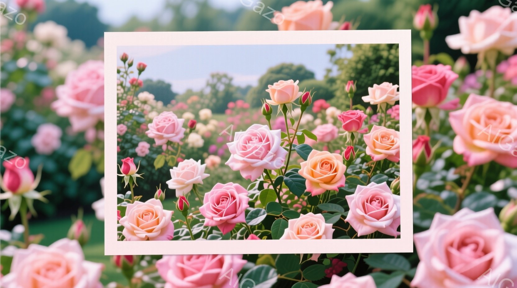 鮮やかなピンクやオレンジ色のバラが密集して咲き誇る様子が捉えられています。緑豊かな背景には、遠くに見える木々が並び、穏やかな日差しが全体を照らしています。バラの華やかな色彩と、自然の優美さが調和した、 - AI生成フリー素材