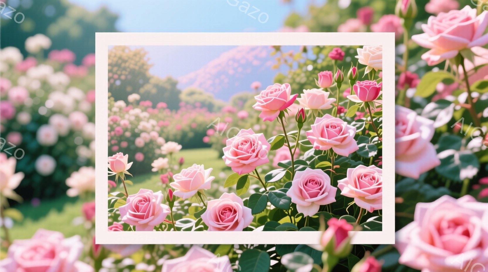 鮮やかなピンク色のバラが咲き乱れ、緑豊かな葉に囲まれて美しい光景を作り出している。背景には、ぼやけた緑の丘と青空が広がり、穏やかで平和な雰囲気を醸し出している。全体的に、明るく華やかな色彩と、自然の美 - AI生成フリー素材