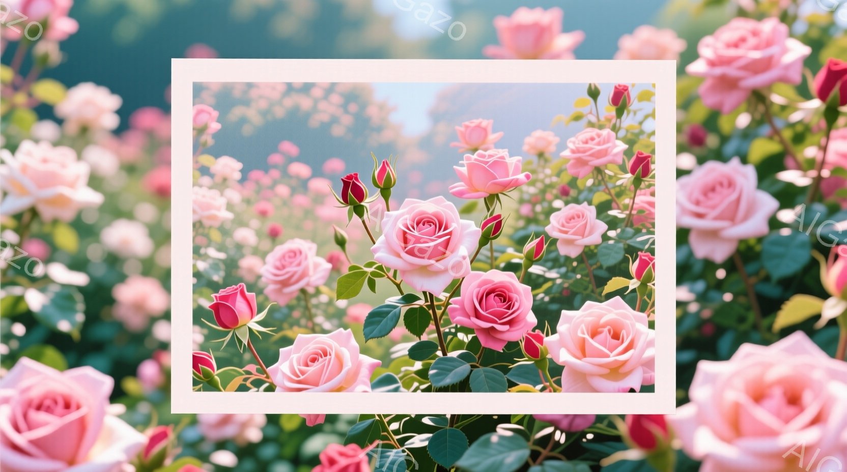 鮮やかなピンク色のバラが密集して咲き誇り、緑の葉と空が背景に広がっています。バラは様々な開花段階にあり、つぼみから完全に咲き開いたものまで、繊細なグラデーションを見せています。全体的に柔らかく、夢のような雰囲気を醸し出しており、春の訪れを感じさせる穏やかな情景です。