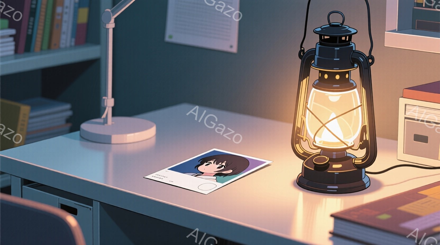 テーブルの上には、光を放つランタンと、一枚のイラストが置かれている。イラストには、黒髪の短い髪型で、少し微笑んでいる若い女性が描かれている。背景には本棚と白いボードが見え、暖かく落ち着いた雰囲気を作り - AI生成フリー素材