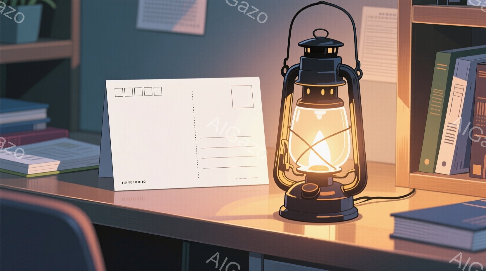 机の上に、点灯した古いランタンが置かれています。周りには本やメモ帳が積み重ねられており、落ち着いた温かい光が机全体を照らしています。背景はぼやけていますが、落ち着いた室内であることがわかります。 - AI生成フリー素材