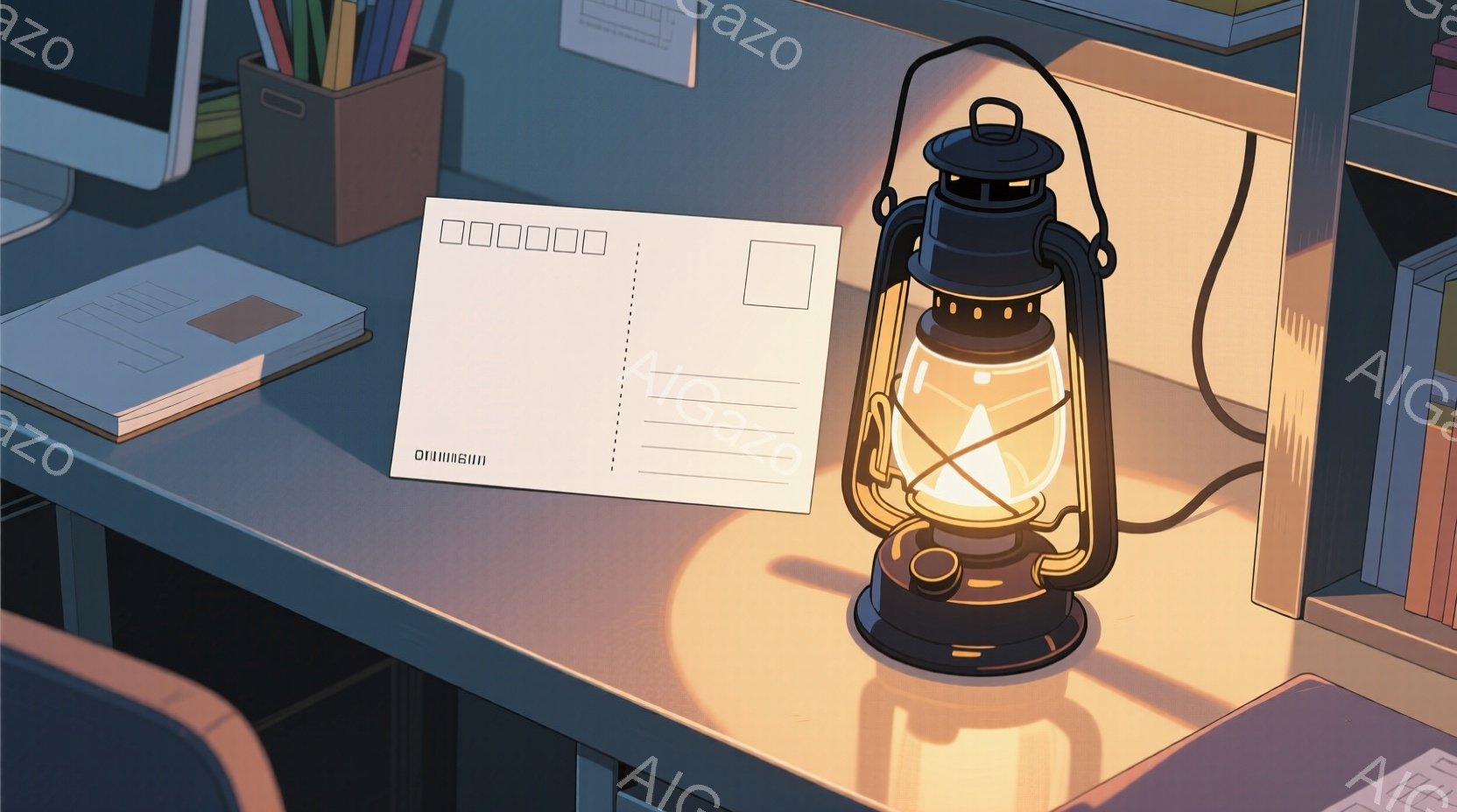 机の上に置かれた古い石油ランタンが暖かく光を放っている。周囲には本、ペン立て、ノートパソコンなどが置かれ、室内が穏やかな雰囲気で照らされている。ランタンの光が机の表面に反射し、部屋全体に心地よい光を拡散している。