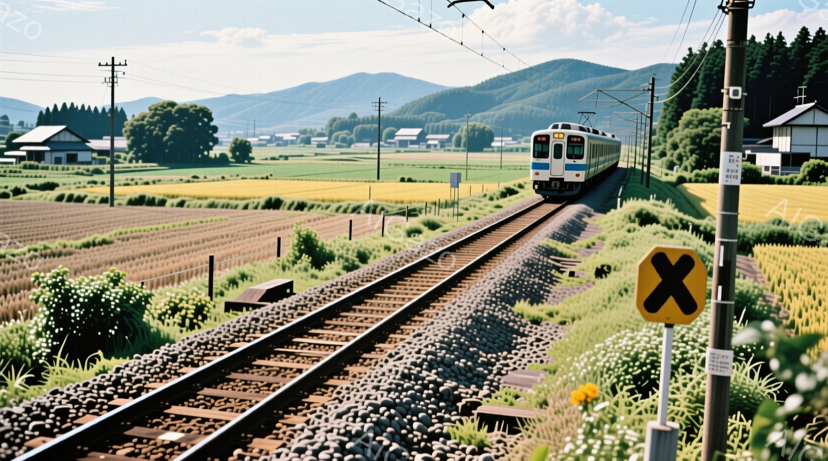 鉄路が手前に広がり、遠くの山々を背景に電車が走っている風景です。線路脇には黄色い花が咲き、周囲は緑豊かな田園風景が広がっています。晴天で穏やかな雰囲気の、日本の田舎を象徴するような光景です。